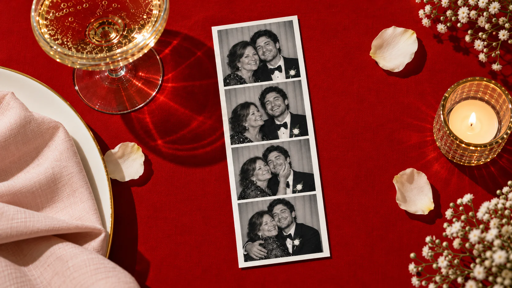 Photo booth portraits of a mother and groom on a red wedding table with champagne, candlelight, and flower petals