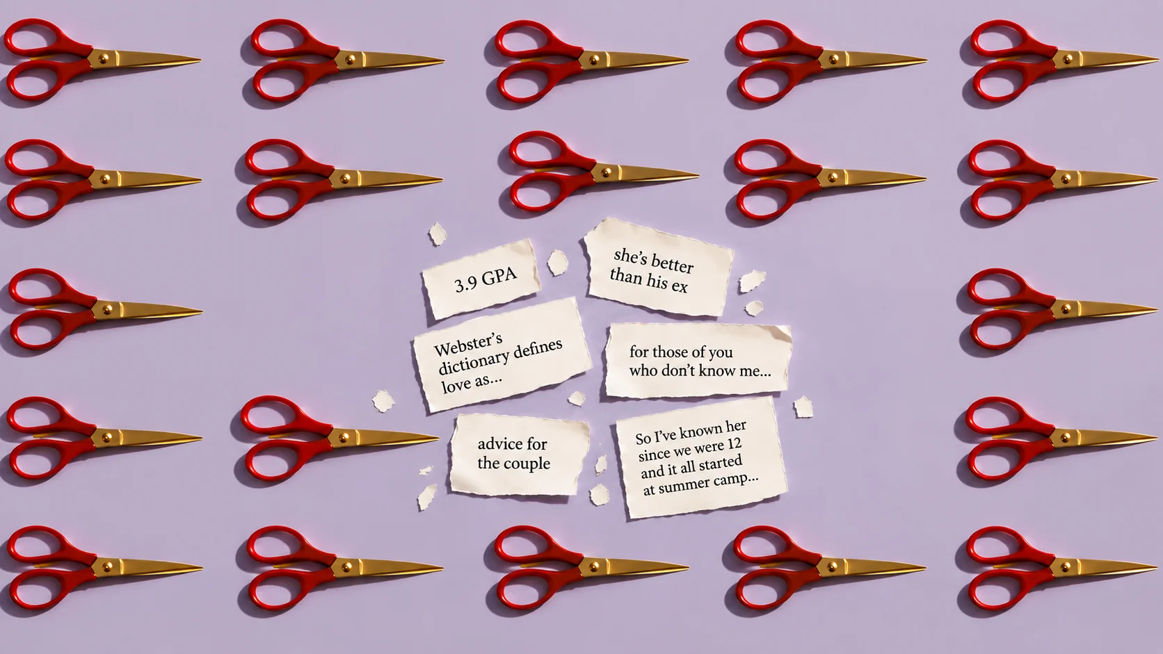 Red scissors surrounding discarded wedding speech lines on a lavender background